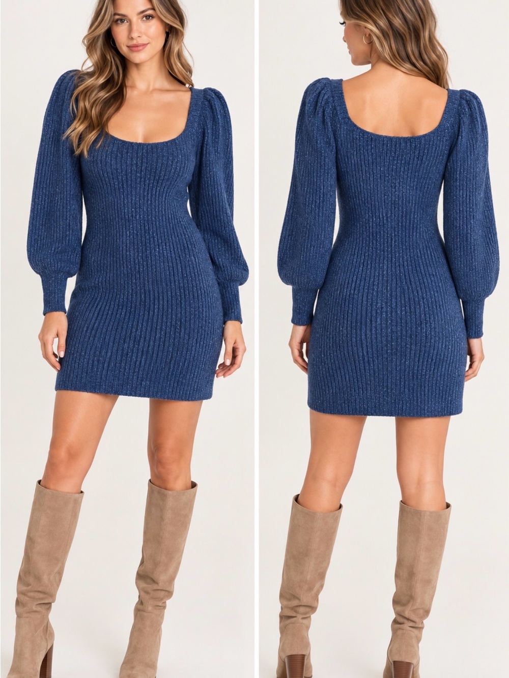 Anthropologie Flat White NWT Blue Ribbed Puff Sleeve Sweater Dress XL